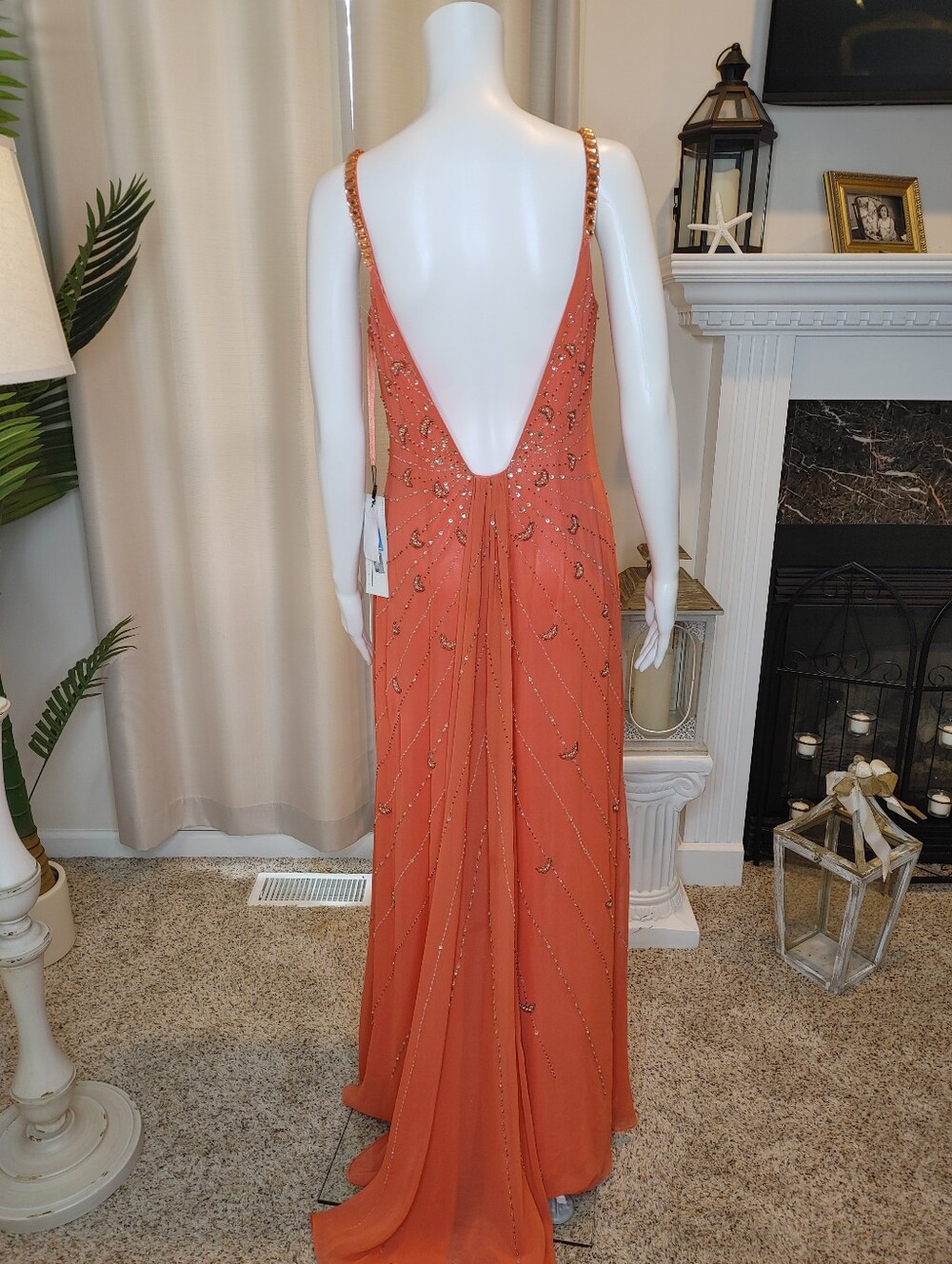 VINTAGE SUE WONG SILK BEADED FORMAL DRESS, CORAL 10 - Picture 8 of 16